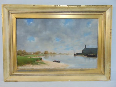 Painting, river scene, signed Marcotte de Quivieres, 1880, oil on linen, gilt framed, 15.25" by