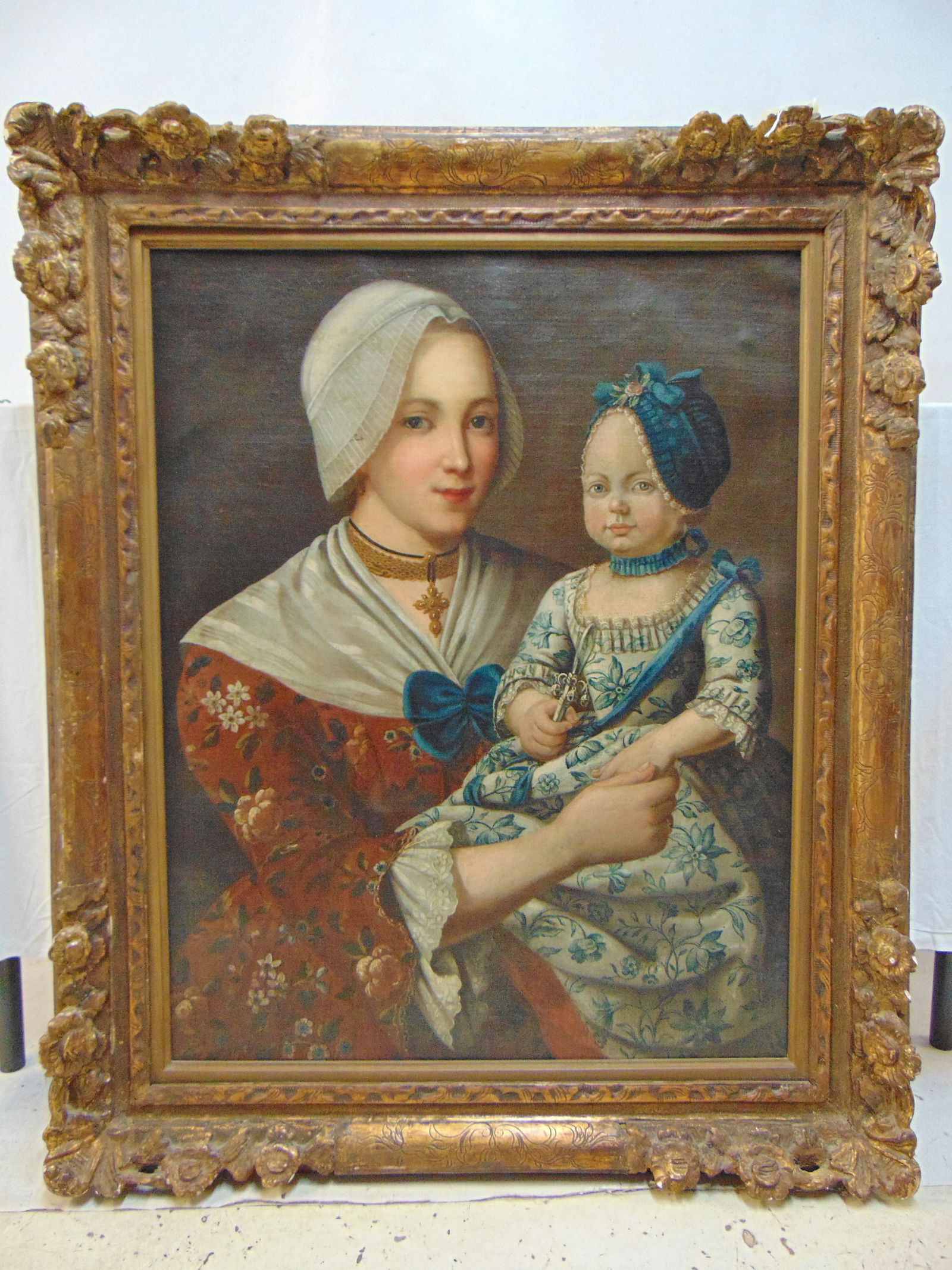 Painting, portrait of a young lady with child, both in fancy dress, oil on linen, original (1 of 10)
