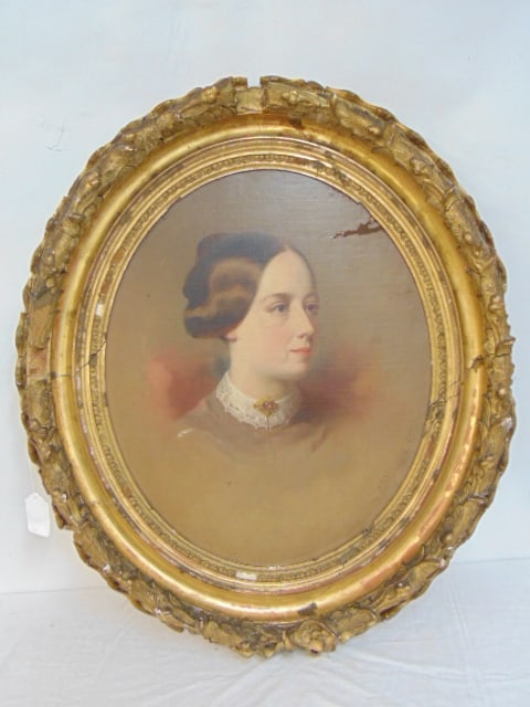 Painting, portrait lady, signed Samuel Bell Waugh, oil on canvas, oval in gilt frame, loss to frame,: Painting, portrait lady, signed Samuel Bell Waugh, oil on canvas, oval in gilt frame, loss to frame, painting has loss of paint upper right, see images, canvas is 24" by 20", framed size is 33.5" by 2