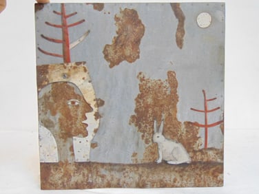 Mixed Media, "Head and Rabbit", by Judith Hoyt, 2009, metal & wood, 11.75" by 11.75"