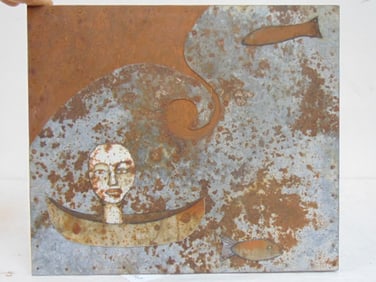 Mixed Media, Head in Canoe, fish, by Judith Hoyt, 2006, metal on wood panel, 10 1/8" by 11.75"