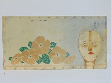 Mixed Media, "Flour and Flower", Judith Hoyt, 2008, 5 5/8" by 11", metal face applied to wood board.