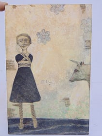 Mixed Media, "Girl with Cow", signed Judith Hoyt, painted panel with applied newspaper fragments, 9