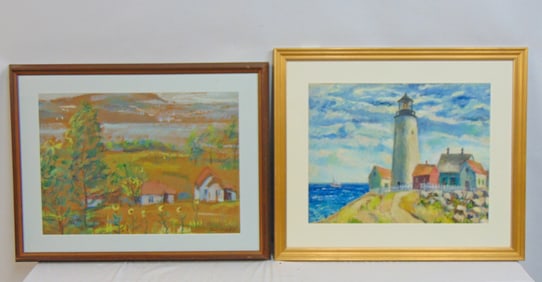 2 paintings by Samuel Brecker 1942, watercolor of house in landscape & oil of lighthouse, watercolor