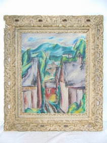 Painting, "Vermont Town", signed Andrew Vargish, oil on wood panel, panel is 20" by 16", 28" by
