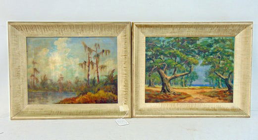 Pair paintings, landscapes, signed E.L.Sumner, possibly Florida, southern scenes, oil on canvas
