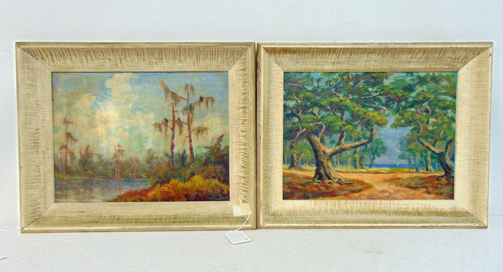 Pair paintings, landscapes, signed E.L.Sumner, possibly Florida, southern scenes, oil on canvas (1 of 6)