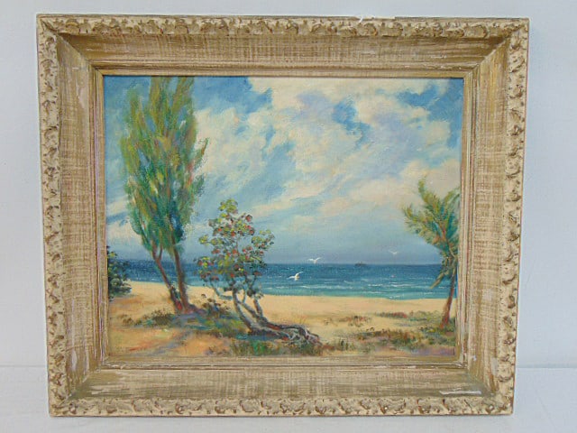 Painting, beach scene, signed E.L. Sumner, oil on canvas board, 21" by 24.75" (framed size) (1 of 4)