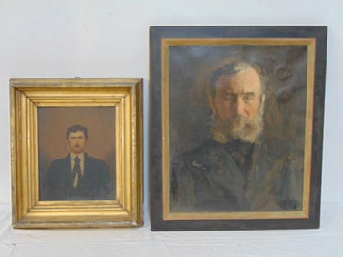 2 paintings, portraits, portrait man with mustache, in gilt frame, unsigned oil on board & portrait