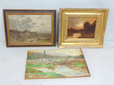 3 paintings, landscape with bridge, landscape under sunset (painted by M. Gay, on back) & landscape