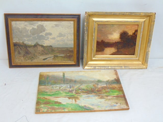3 paintings, landscape with bridge, landscape under sunset (painted by M. Gay, on back) & landscape (1 of 5)