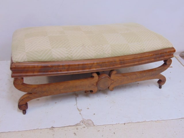 Empire mahogany bench, green upholstered seat, bench is 48" by 22", height is 18.5" (1 of 4)