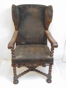 Early wingback arm chair, stretcher base, carved wingbacks, appears late 18th Century, chair is 26"