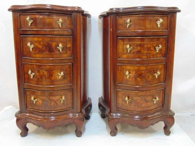 Pair curved front 18th Century 4 drawer stands, each stand is 17.75" wide, 13.25" deep, height is: Pair curved front 18th Century 4 drawer stands, each stand is 17.75" wide, 13.25" deep, height is 28"