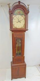 Tall case grandfather clock by J. Lowther, Cheapside, inlaid mahogany case, double brass weights,