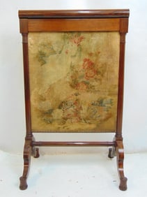 Rosewood Duncan Phyfe fire screen with needlepoint panel, screen is 23.25" wide, height is 37.5"