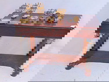 Mahogany pier table, as is, has missing pieces, needs restoration, table has marble front columns,