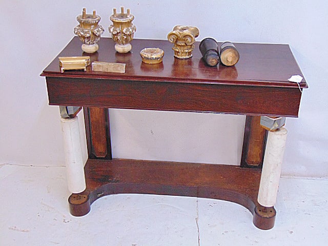 Mahogany pier table, as is, has missing pieces, needs restoration, table has marble front columns,: Mahogany pier table, as is, has missing pieces, needs restoration, table has marble front columns, gilt detail, table is 43.5" by 18.25"