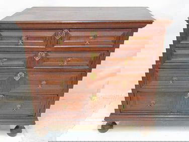 Antique chest drawers in William & Mary style, 2 over 3 drawers, ball feet, chest is 38.25" by