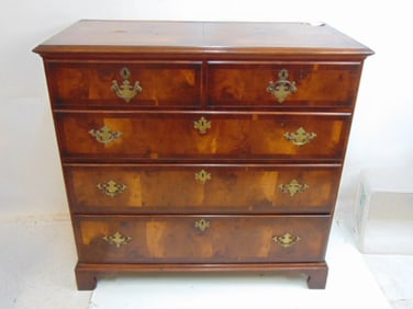 Antique English chest of drawers, oyster veneer, 2 over three, bracket feet, chest is 41.5" by