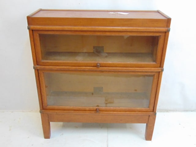 Stack oak banister bookcase by Globe-Wernicke Co, 38.25", two sections plus base & top, 34" wide, (1 of 4)