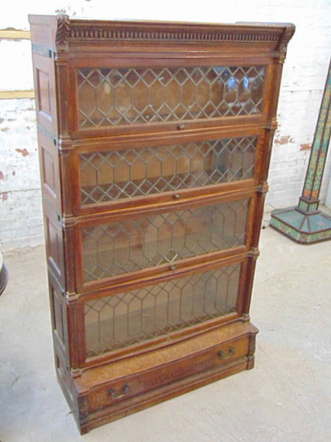 Oak banister stacking bookcase with leaded glass fronts, raised panel sides, 4 stacks plus base & (1 of 11)