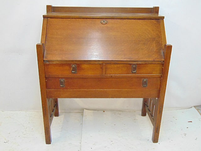 Arts & Crafts slant front desk by Harden, in original finish, two over one drawers, desk is 38" (1 of 6)