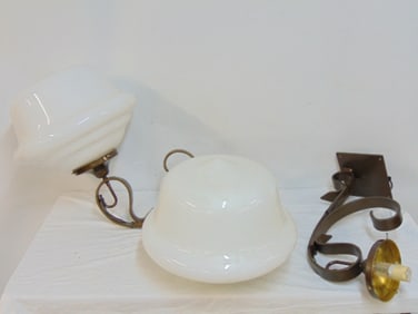 Pair of large sconces with white globes, brackets are new