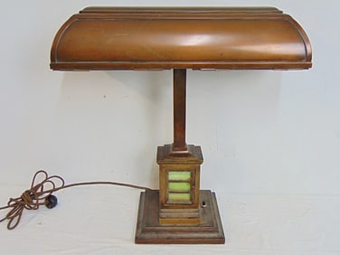 Vintage bank lamp with slag glass base, cooper