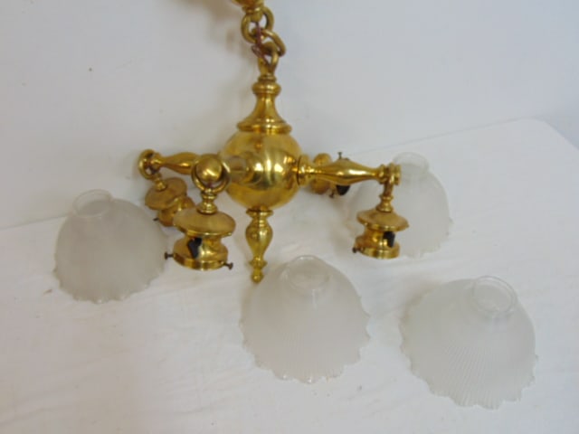 Brass Chandelier with 4 glass shades: Brass Chandelier with 4 glass shades