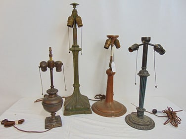 4 early table lamp bases, tallest one is 28"