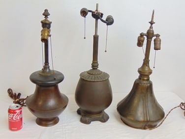 3 bronze & Spelter lamp bases, one is marked E.M (Edward Miller), height is 23.5"
