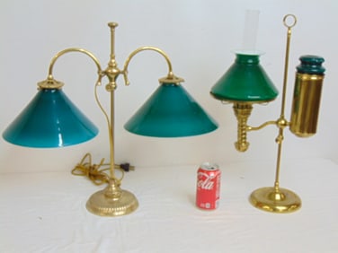 2 brass base green glass shade cased lamps, table lamp with double green glass shades one shade
