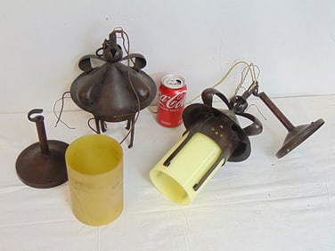Pair arts & crafts sconces by Aurora Studio's, shades do not match, amber glass shade is cracked,