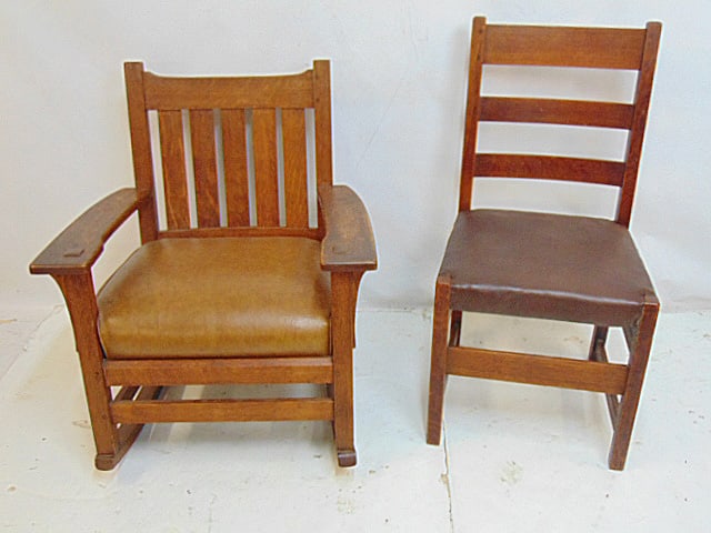 L&JG Stickley rocker & side chair, leather seats, rocker is 18" by 22" (seat), height is 32.5", side (1 of 7)