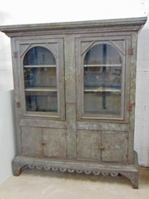 Galvanized metal (zinc ?) cabinet, double glass door top, cabinet base, cabinet is 52.75" by 17.75",