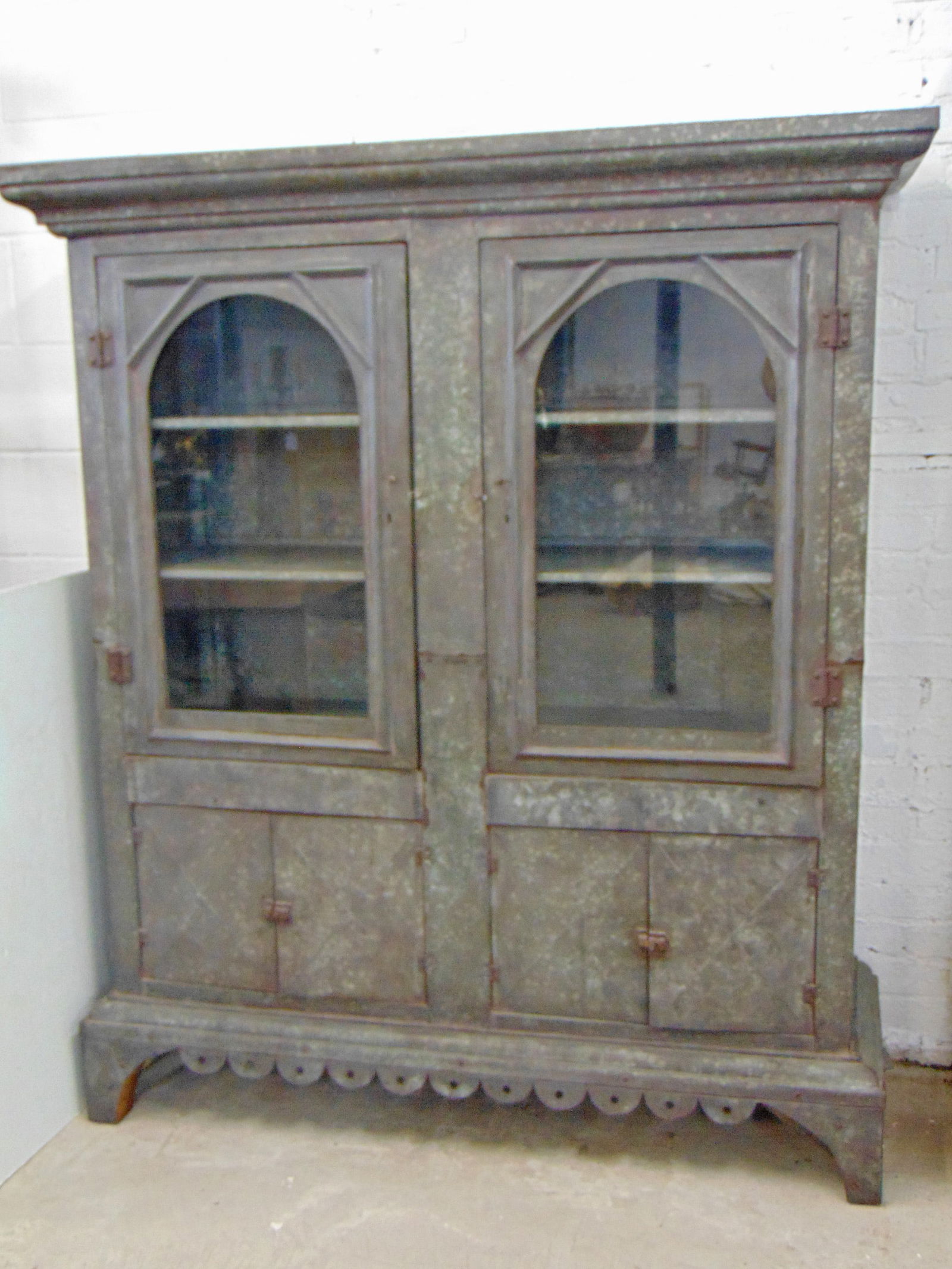 Galvanized metal (zinc ?) cabinet, double glass door top, cabinet base, cabinet is 52.75" by 17.75", (1 of 6)