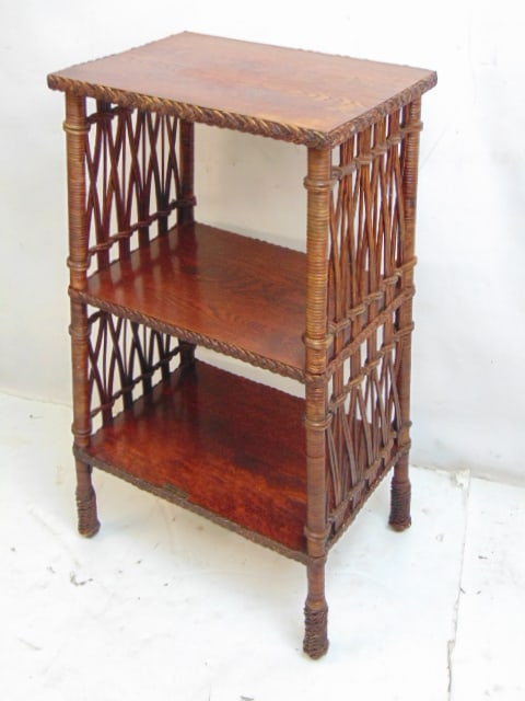 Wicker & wood etagere stand by Heywood Wakefield, 17 3/8" by 12.25", height is 34.5" (1 of 4)
