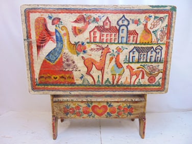 Peter Hunt paint decorated hutch table with lift top, storage in base, table is 48" by 29", height