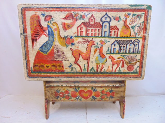 Peter Hunt paint decorated hutch table with lift top, storage in base, table is 48" by 29", height (1 of 6)