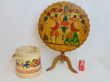 Peter Hunt paint decorated tilt top table & firkin, oval covered box, diminutive table is 29" (as