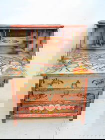Peter Hunt paint decorated slant front desk, 4 drawers, interior desk paint decorated as well, desk