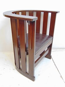 Plail style barrel back arts & crafts oak chair, 19.5" deep, 28.75" wide, height is 32"