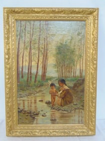 Painting, Woman bathing child in stream, faint writing on reverse, oil on canvas, 21.25" by 14",