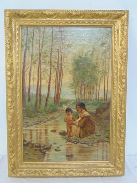 Painting, Woman bathing child in stream, faint writing on reverse, oil on canvas, 21.25" by 14", (1 of 4)