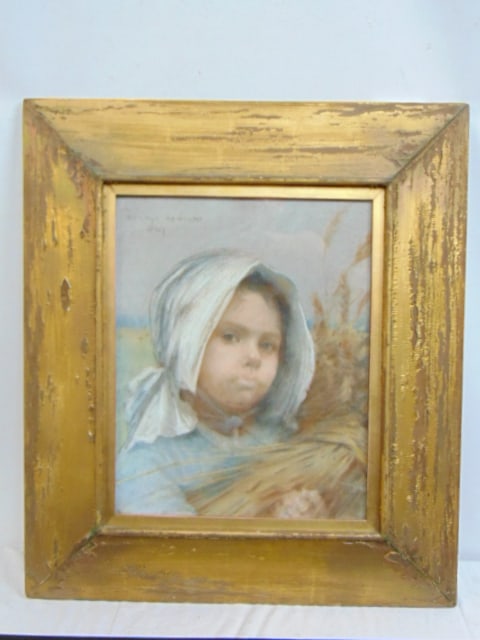 Painting, young child with hay, signed Bertha Newcomb, 1889, pastel, 15.75" by 12.5" (25.25" by 22": Painting, young child with hay, signed Bertha Newcomb, 1889, pastel, 15.75" by 12.5" (25.25" by 22" framed)