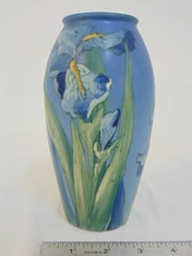Weller Hudson art pottery vase signed Pillsbury with iris decoration in blue, good condition, height