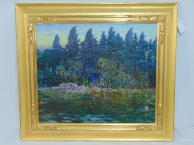 Painting, "Forest Legend", signed F.C. Gottwald, oil on canvas, Indian camp with canoe & tent: Painting, "Forest Legend", signed F.C. Gottwald, oil on canvas, Indian camp with canoe & tent against trees on lake edge with fire visible, 22" by 26", 30" by 34" framed