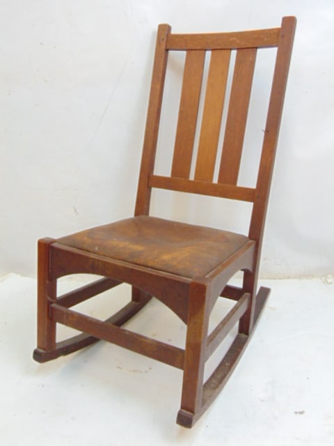 Harvey Ellis / G. Stickley rocking chair with leather seat, chair is 16.75" wide, 25" deep: Harvey Ellis / G. Stickley rocking chair with leather seat, chair is 16.75" wide, 25" deep (rockers), height is 33.5", one rocker is repaired.