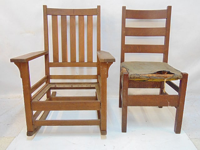Gustav Stickley side chair & rocker, rocker has no seat and is 24.75" wide, 27.5" deep (rockers), (1 of 5)